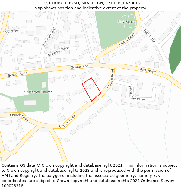 19, CHURCH ROAD, SILVERTON, EXETER, EX5 4HS: Location map and indicative extent of plot