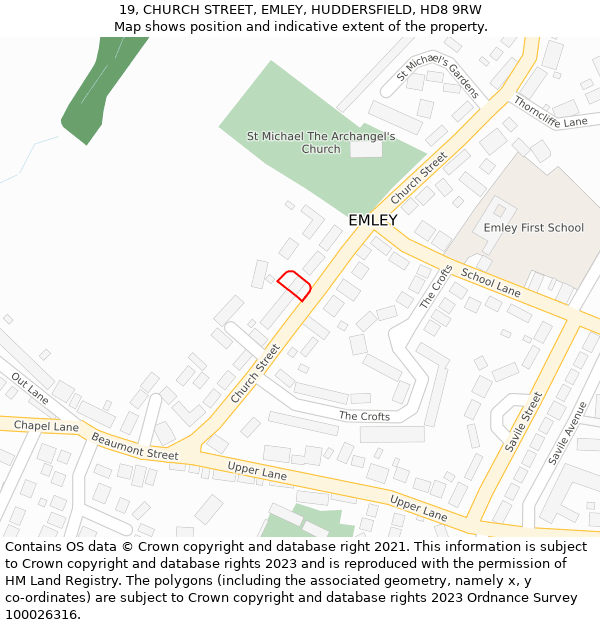 19, CHURCH STREET, EMLEY, HUDDERSFIELD, HD8 9RW: Location map and indicative extent of plot