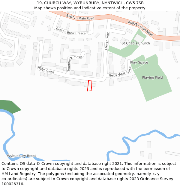 19, CHURCH WAY, WYBUNBURY, NANTWICH, CW5 7SB: Location map and indicative extent of plot