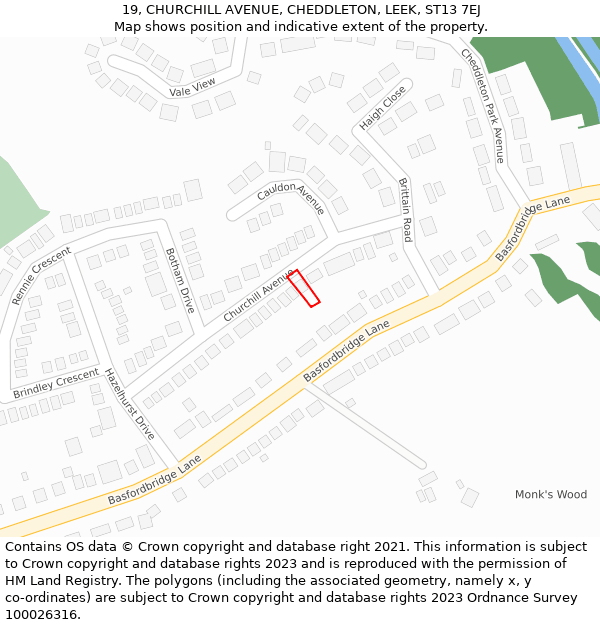 19, CHURCHILL AVENUE, CHEDDLETON, LEEK, ST13 7EJ: Location map and indicative extent of plot