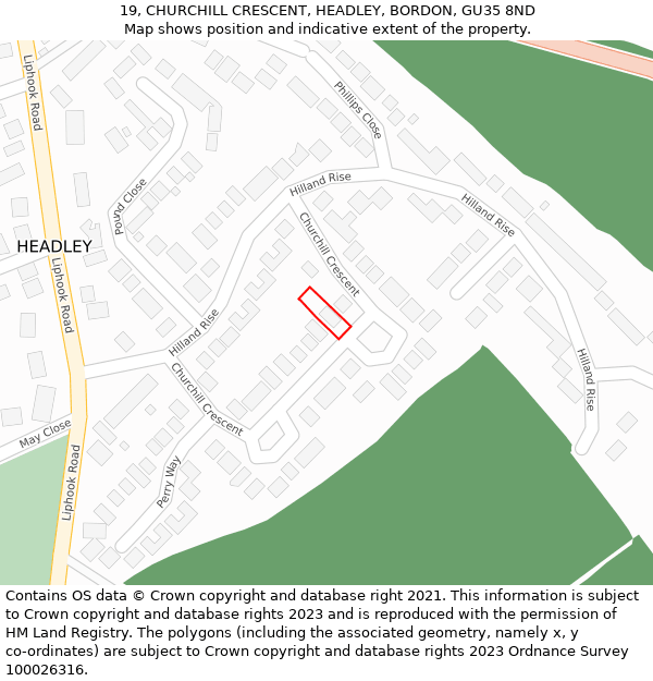 19, CHURCHILL CRESCENT, HEADLEY, BORDON, GU35 8ND: Location map and indicative extent of plot