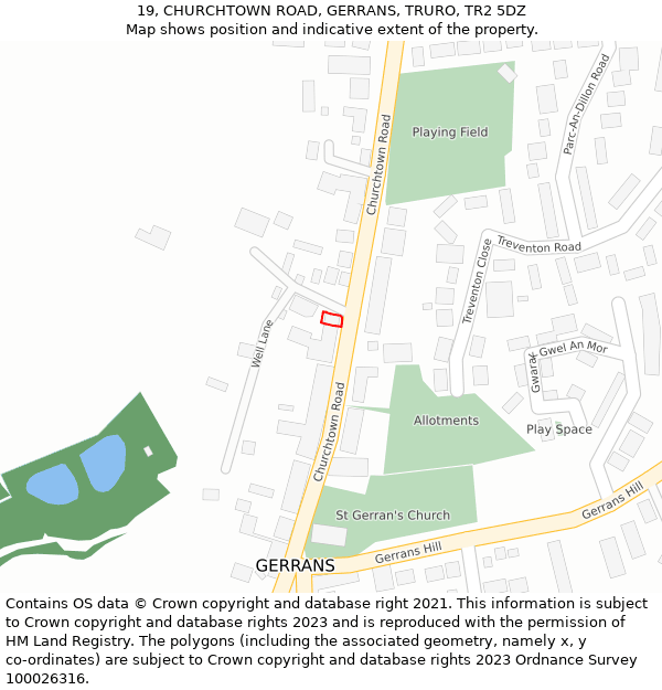 19, CHURCHTOWN ROAD, GERRANS, TRURO, TR2 5DZ: Location map and indicative extent of plot