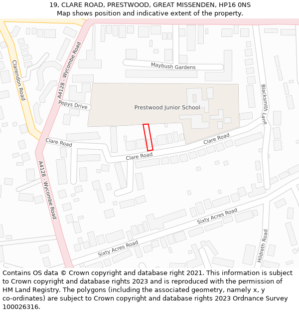 19, CLARE ROAD, PRESTWOOD, GREAT MISSENDEN, HP16 0NS: Location map and indicative extent of plot