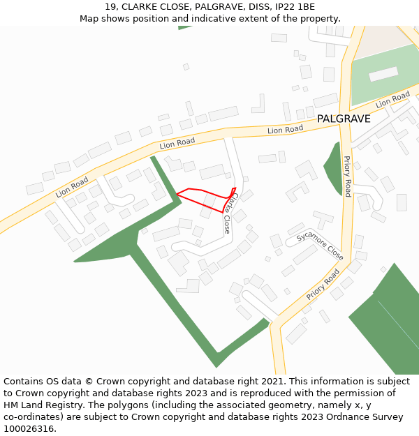 19, CLARKE CLOSE, PALGRAVE, DISS, IP22 1BE: Location map and indicative extent of plot
