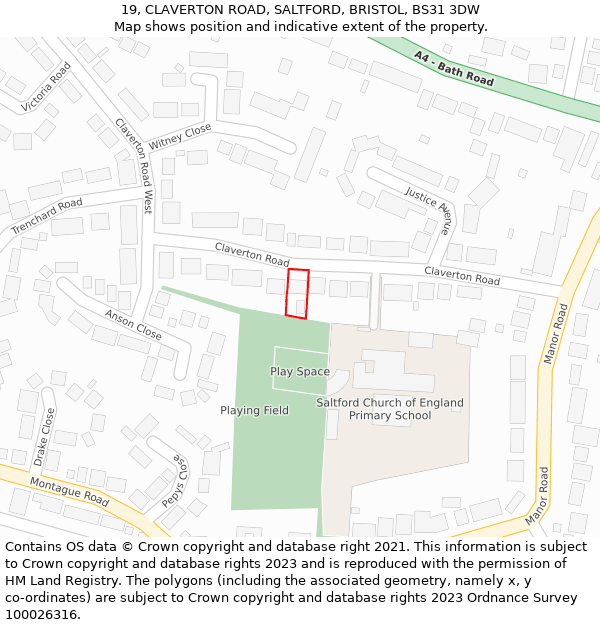 19, CLAVERTON ROAD, SALTFORD, BRISTOL, BS31 3DW: Location map and indicative extent of plot