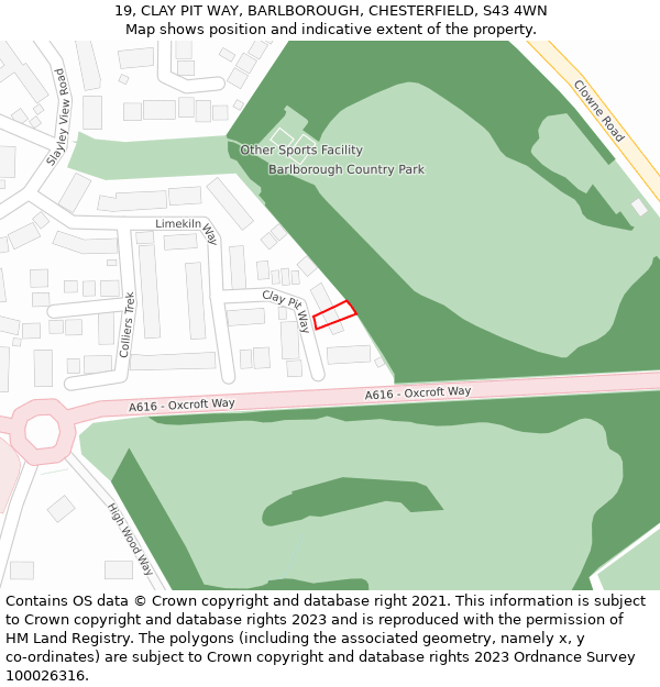 19, CLAY PIT WAY, BARLBOROUGH, CHESTERFIELD, S43 4WN: Location map and indicative extent of plot