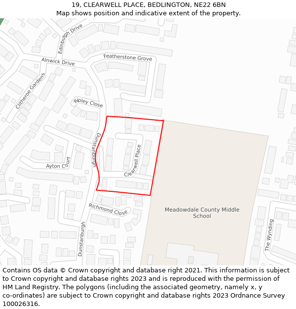 19, CLEARWELL PLACE, BEDLINGTON, NE22 6BN: Location map and indicative extent of plot