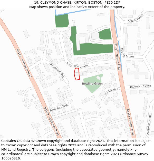 19, CLEYMOND CHASE, KIRTON, BOSTON, PE20 1DP: Location map and indicative extent of plot