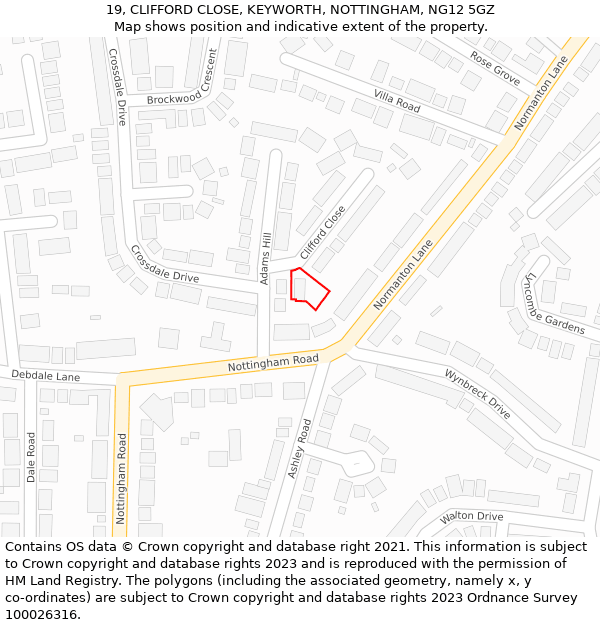 19, CLIFFORD CLOSE, KEYWORTH, NOTTINGHAM, NG12 5GZ: Location map and indicative extent of plot