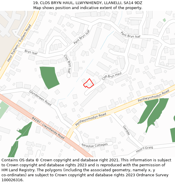 19, CLOS BRYN HAUL, LLWYNHENDY, LLANELLI, SA14 9DZ: Location map and indicative extent of plot