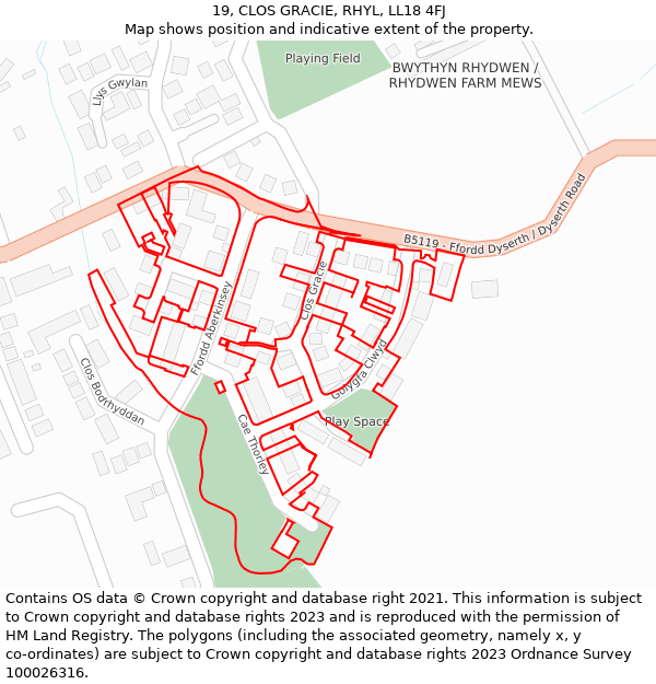 19, CLOS GRACIE, RHYL, LL18 4FJ: Location map and indicative extent of plot