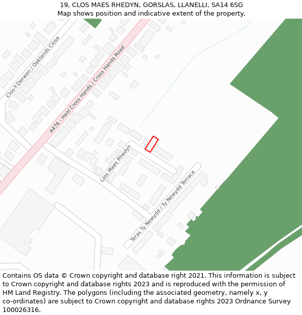 19, CLOS MAES RHEDYN, GORSLAS, LLANELLI, SA14 6SG: Location map and indicative extent of plot