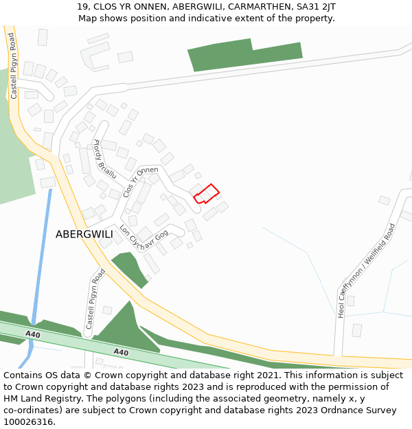 19, CLOS YR ONNEN, ABERGWILI, CARMARTHEN, SA31 2JT: Location map and indicative extent of plot