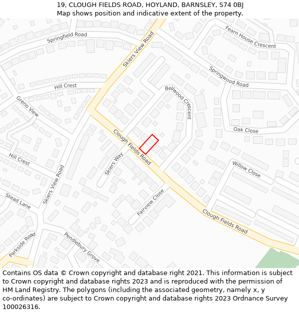 19, CLOUGH FIELDS ROAD, HOYLAND, BARNSLEY, S74 0BJ: Location map and indicative extent of plot