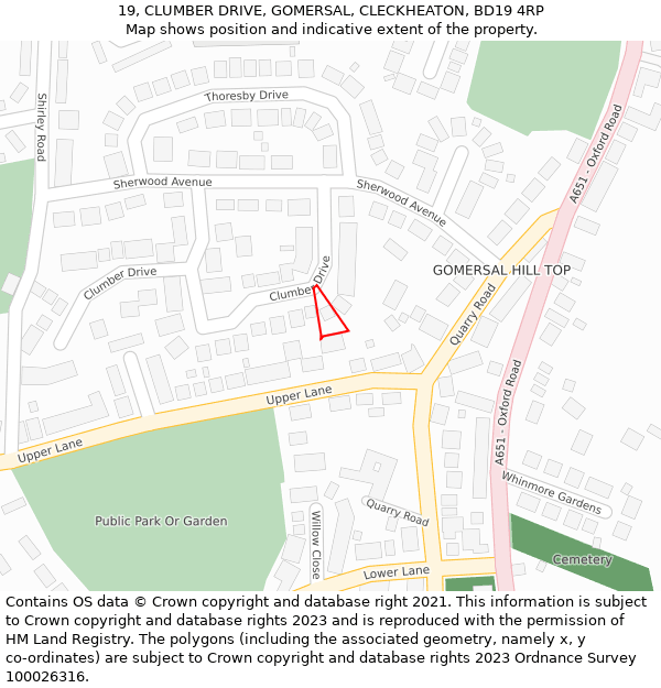 19, CLUMBER DRIVE, GOMERSAL, CLECKHEATON, BD19 4RP: Location map and indicative extent of plot