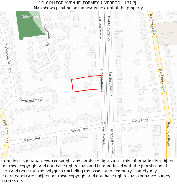 19, COLLEGE AVENUE, FORMBY, LIVERPOOL, L37 3JL: Location map and indicative extent of plot