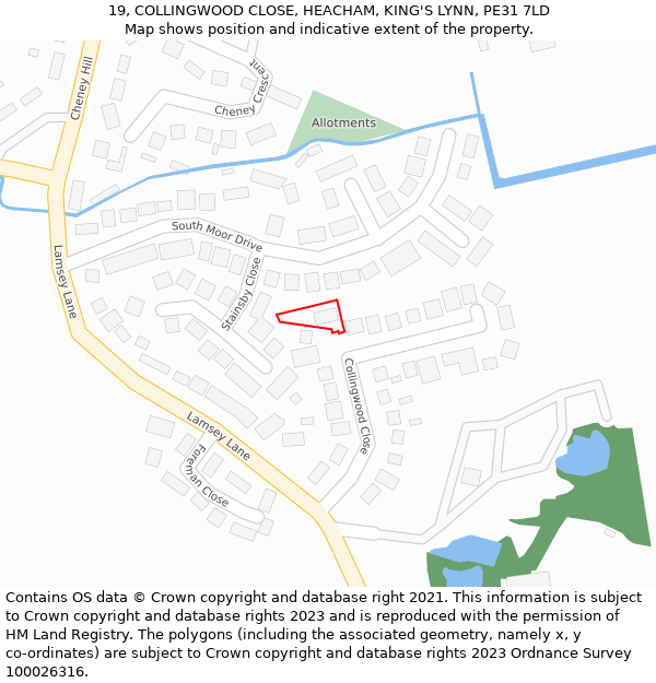 19, COLLINGWOOD CLOSE, HEACHAM, KING'S LYNN, PE31 7LD: Location map and indicative extent of plot