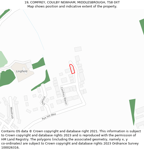 19, COMFREY, COULBY NEWHAM, MIDDLESBROUGH, TS8 0XT: Location map and indicative extent of plot