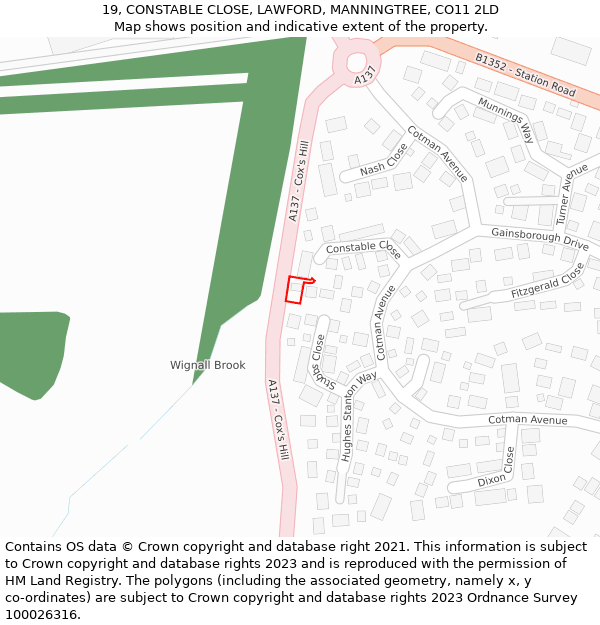19, CONSTABLE CLOSE, LAWFORD, MANNINGTREE, CO11 2LD: Location map and indicative extent of plot