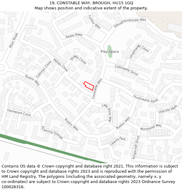 19, CONSTABLE WAY, BROUGH, HU15 1GQ: Location map and indicative extent of plot