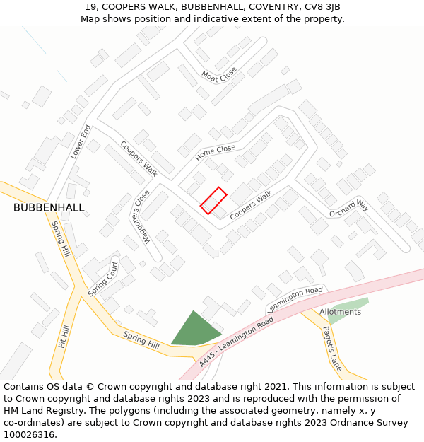 19, COOPERS WALK, BUBBENHALL, COVENTRY, CV8 3JB: Location map and indicative extent of plot