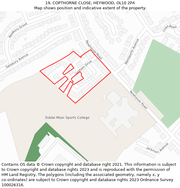 19, COPTHORNE CLOSE, HEYWOOD, OL10 2PA: Location map and indicative extent of plot