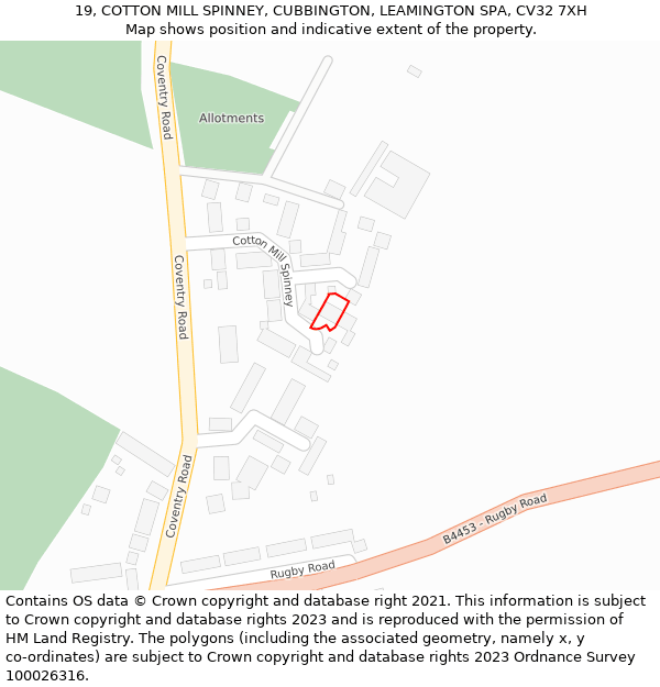 19, COTTON MILL SPINNEY, CUBBINGTON, LEAMINGTON SPA, CV32 7XH: Location map and indicative extent of plot