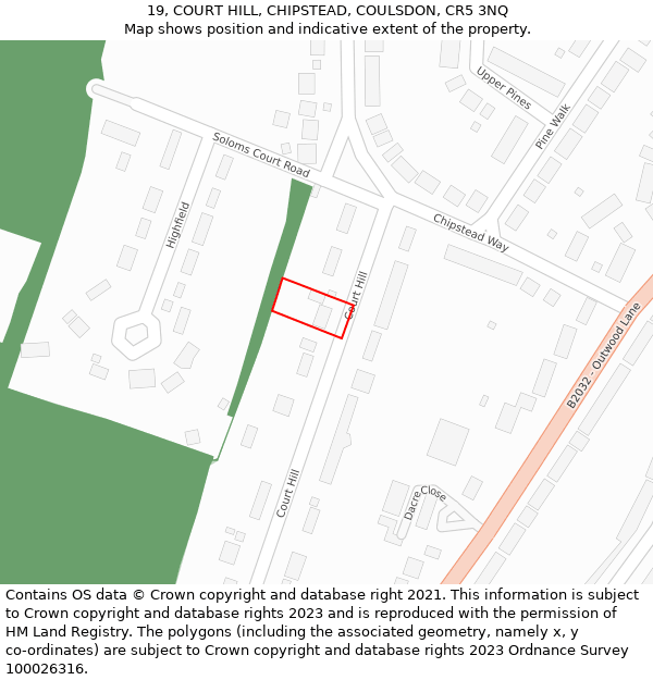 19, COURT HILL, CHIPSTEAD, COULSDON, CR5 3NQ: Location map and indicative extent of plot