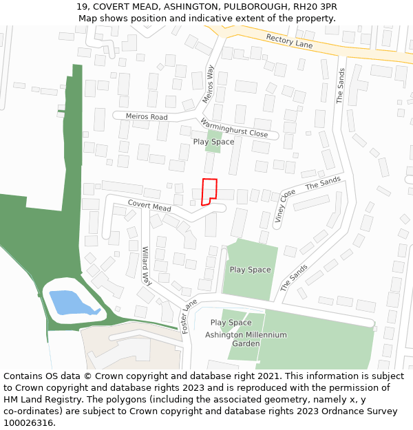 19, COVERT MEAD, ASHINGTON, PULBOROUGH, RH20 3PR: Location map and indicative extent of plot