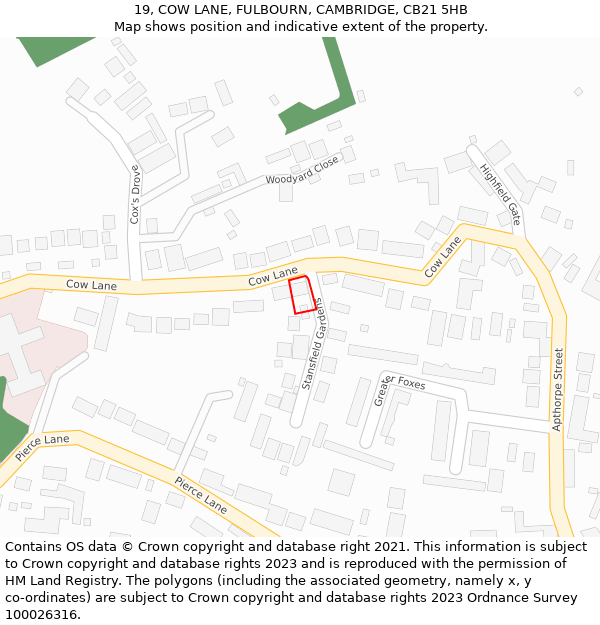 19, COW LANE, FULBOURN, CAMBRIDGE, CB21 5HB: Location map and indicative extent of plot