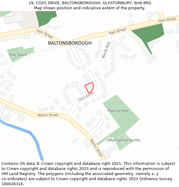 19, COXS DRIVE, BALTONSBOROUGH, GLASTONBURY, BA6 8RG: Location map and indicative extent of plot