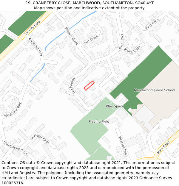 19, CRANBERRY CLOSE, MARCHWOOD, SOUTHAMPTON, SO40 4YT: Location map and indicative extent of plot