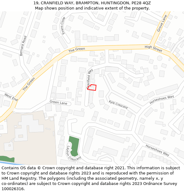 19, CRANFIELD WAY, BRAMPTON, HUNTINGDON, PE28 4QZ: Location map and indicative extent of plot