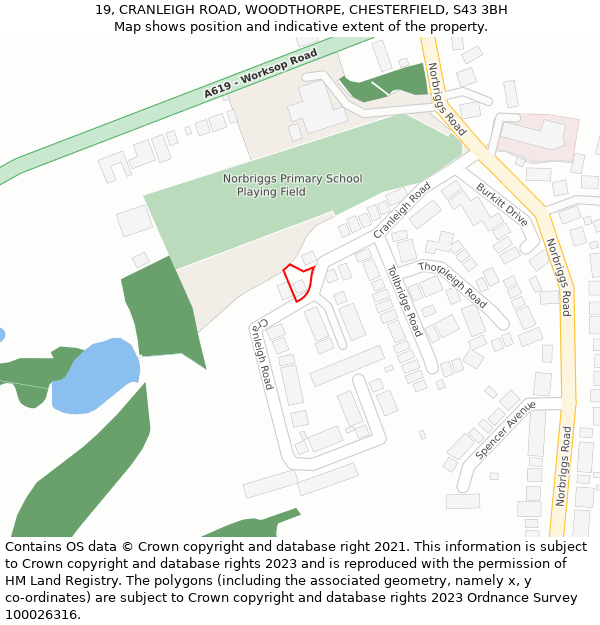19, CRANLEIGH ROAD, WOODTHORPE, CHESTERFIELD, S43 3BH: Location map and indicative extent of plot