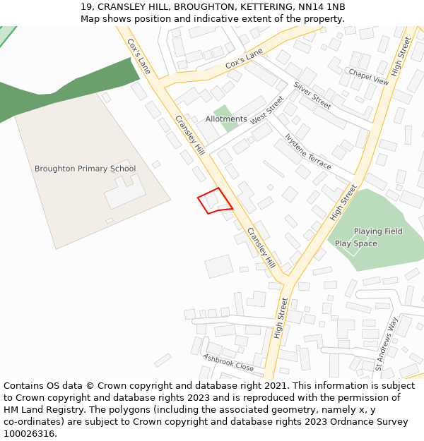 19, CRANSLEY HILL, BROUGHTON, KETTERING, NN14 1NB: Location map and indicative extent of plot