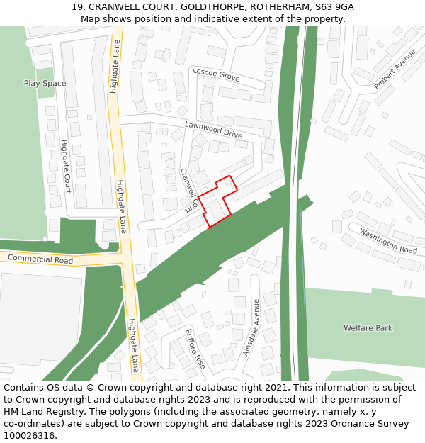 19, CRANWELL COURT, GOLDTHORPE, ROTHERHAM, S63 9GA: Location map and indicative extent of plot