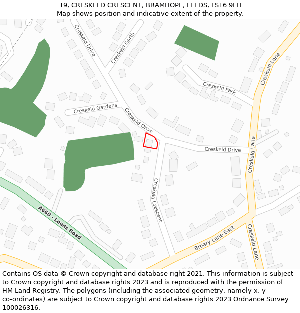 19, CRESKELD CRESCENT, BRAMHOPE, LEEDS, LS16 9EH: Location map and indicative extent of plot