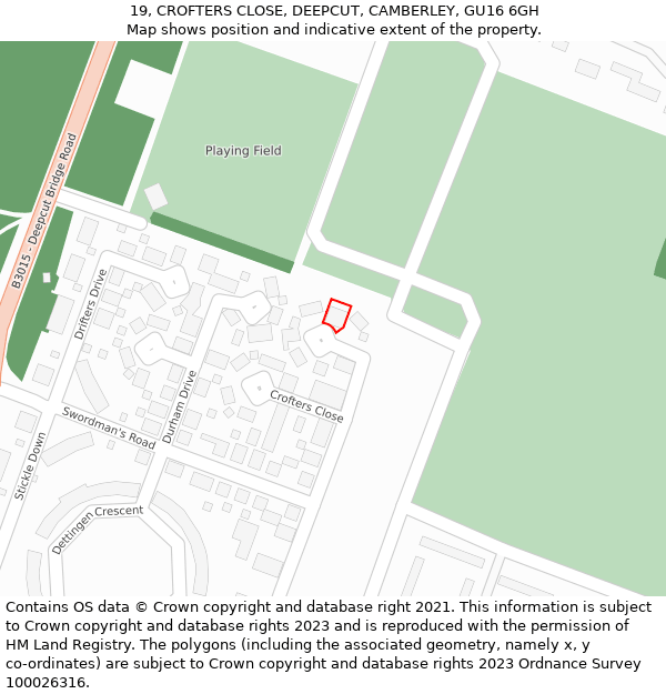 19, CROFTERS CLOSE, DEEPCUT, CAMBERLEY, GU16 6GH: Location map and indicative extent of plot