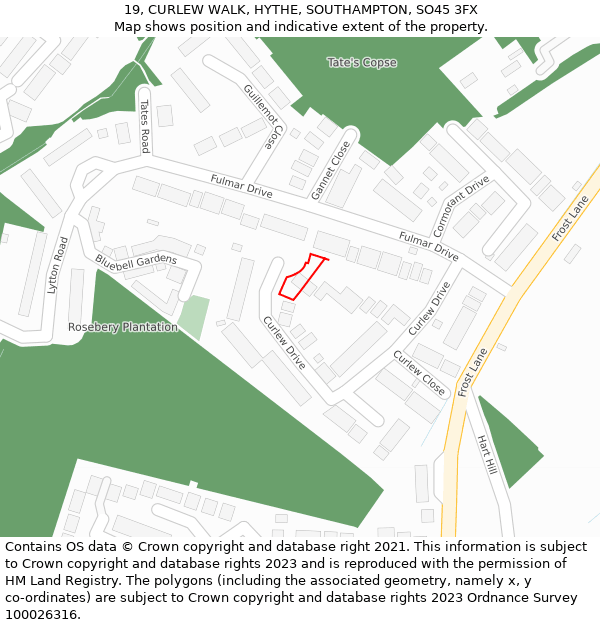 19, CURLEW WALK, HYTHE, SOUTHAMPTON, SO45 3FX: Location map and indicative extent of plot