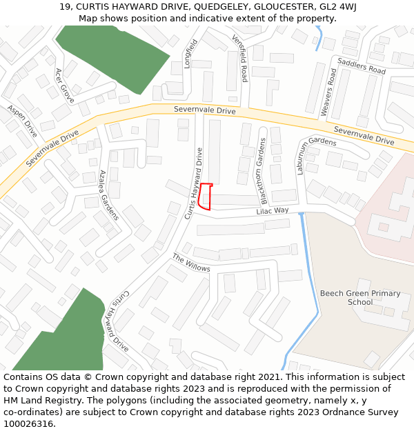 19, CURTIS HAYWARD DRIVE, QUEDGELEY, GLOUCESTER, GL2 4WJ: Location map and indicative extent of plot