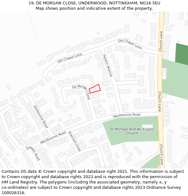 19, DE MORGAN CLOSE, UNDERWOOD, NOTTINGHAM, NG16 5EU: Location map and indicative extent of plot