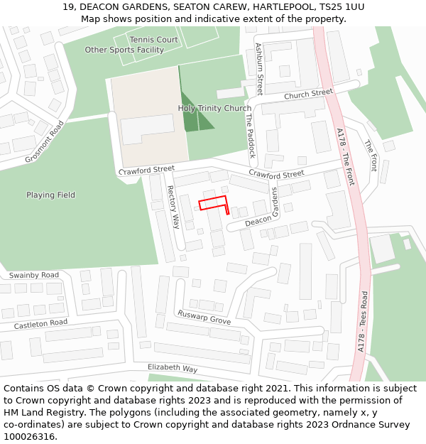 19, DEACON GARDENS, SEATON CAREW, HARTLEPOOL, TS25 1UU: Location map and indicative extent of plot