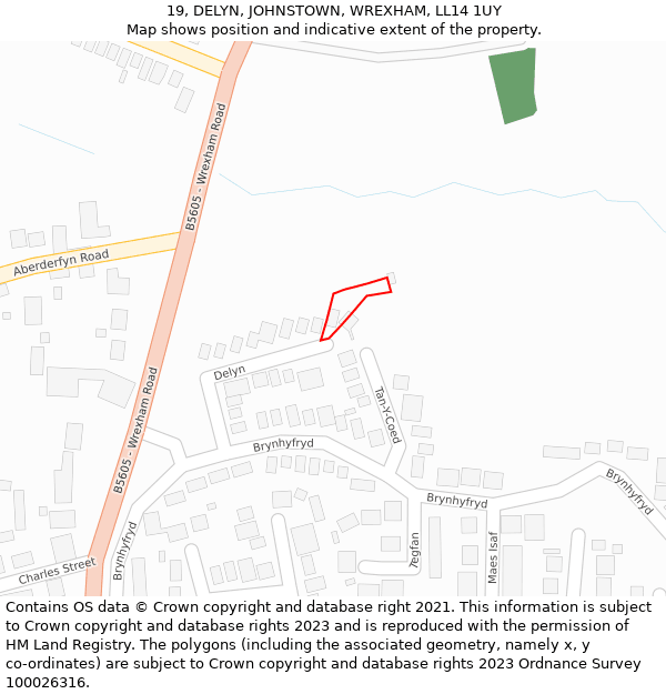 19, DELYN, JOHNSTOWN, WREXHAM, LL14 1UY: Location map and indicative extent of plot