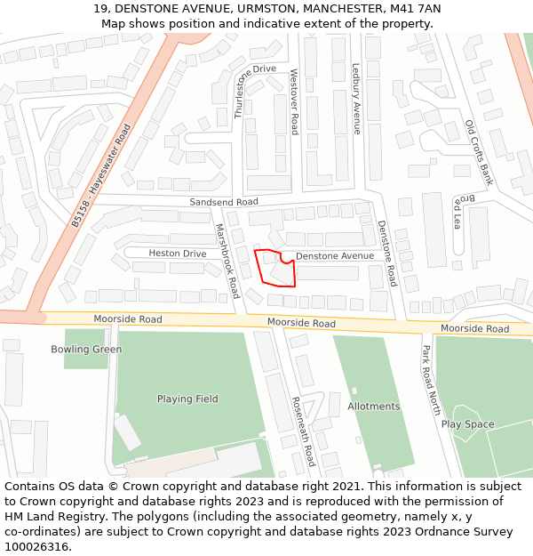 19, DENSTONE AVENUE, URMSTON, MANCHESTER, M41 7AN: Location map and indicative extent of plot