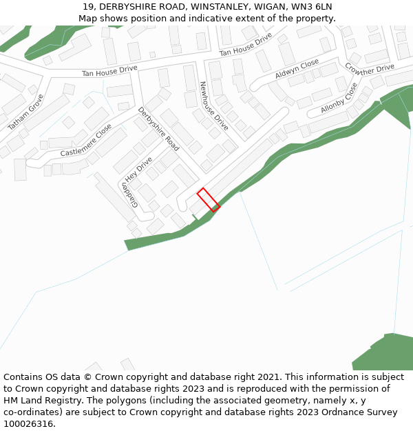 19, DERBYSHIRE ROAD, WINSTANLEY, WIGAN, WN3 6LN: Location map and indicative extent of plot