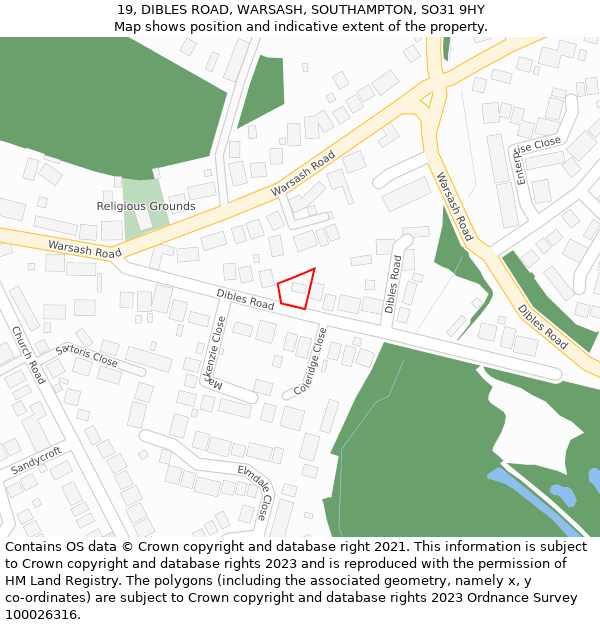 19, DIBLES ROAD, WARSASH, SOUTHAMPTON, SO31 9HY: Location map and indicative extent of plot