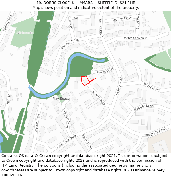 19, DOBBS CLOSE, KILLAMARSH, SHEFFIELD, S21 1HB: Location map and indicative extent of plot