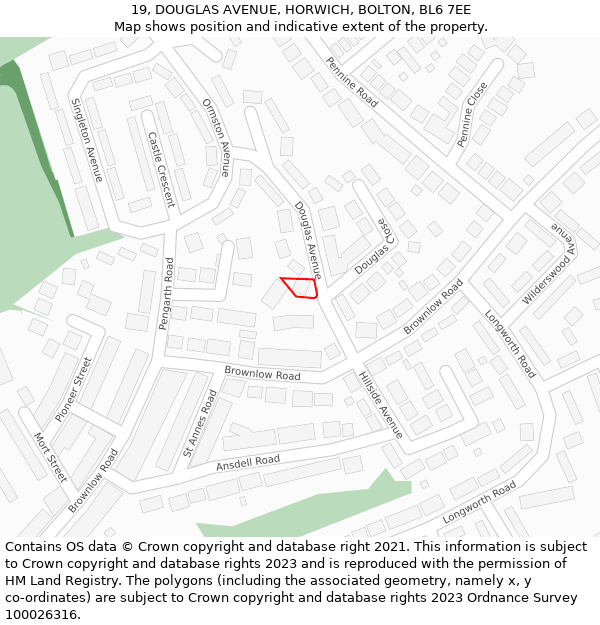 19, DOUGLAS AVENUE, HORWICH, BOLTON, BL6 7EE: Location map and indicative extent of plot