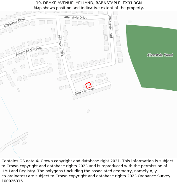 19, DRAKE AVENUE, YELLAND, BARNSTAPLE, EX31 3GN: Location map and indicative extent of plot