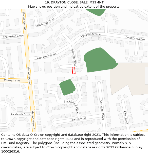 19, DRAYTON CLOSE, SALE, M33 4NT: Location map and indicative extent of plot